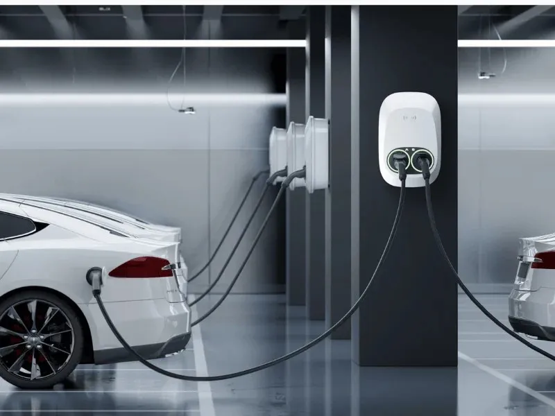 Entogo Nano Duo dual-socket commercial AC EV charger with two Type 2 cables and intelligent power sharing — view 4