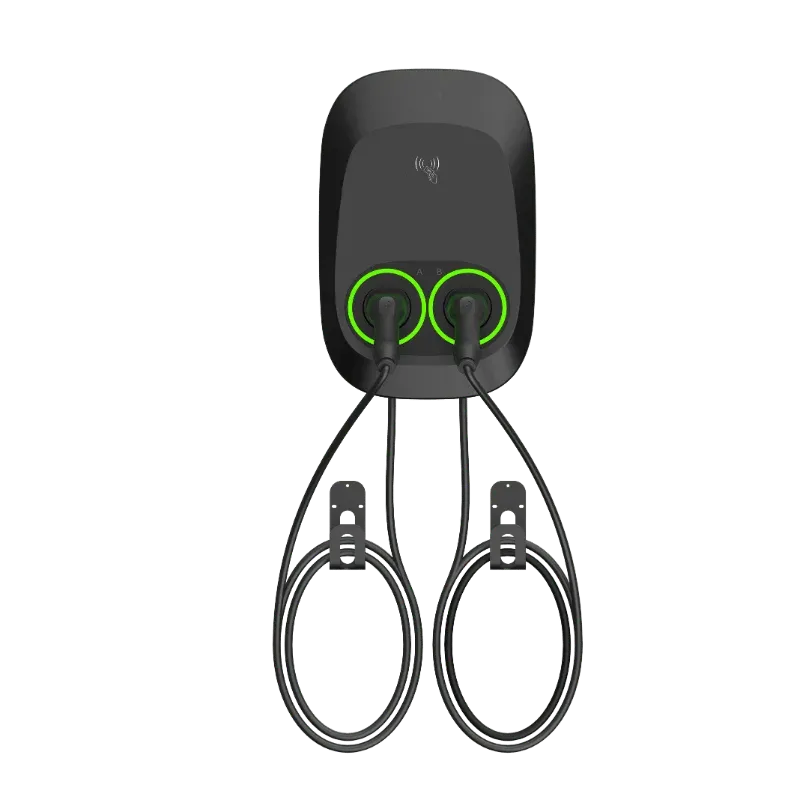 Entogo Nano Duo dual-socket commercial AC EV charger with two Type 2 cables and intelligent power sharing — view 2