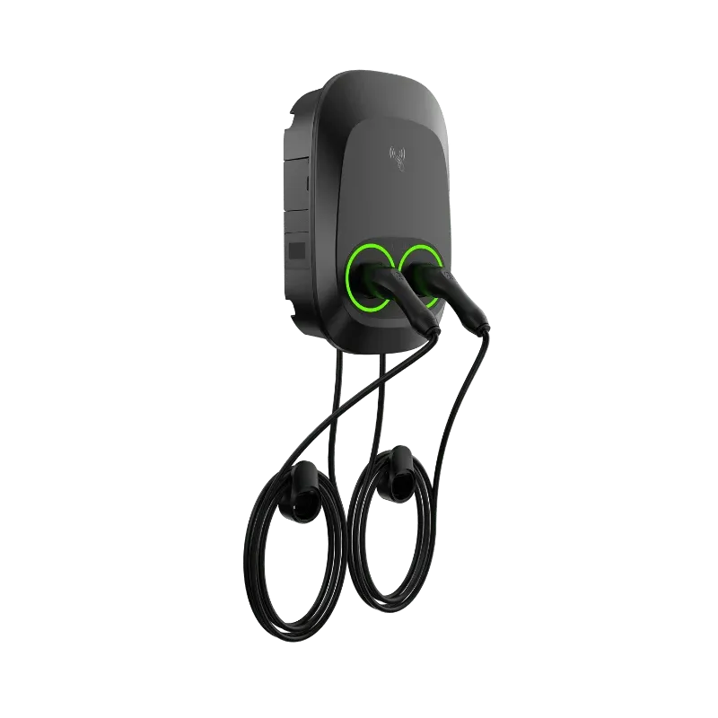 Entogo Nano Duo dual-socket commercial AC EV charger with two Type 2 cables and intelligent power sharing