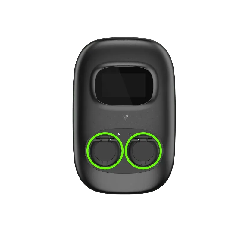Entogo Nano Duo Pro 2×22 kW pedestal-mount commercial AC EV charger with dual Type 2 cables and 7-inch touchscreen — view 4