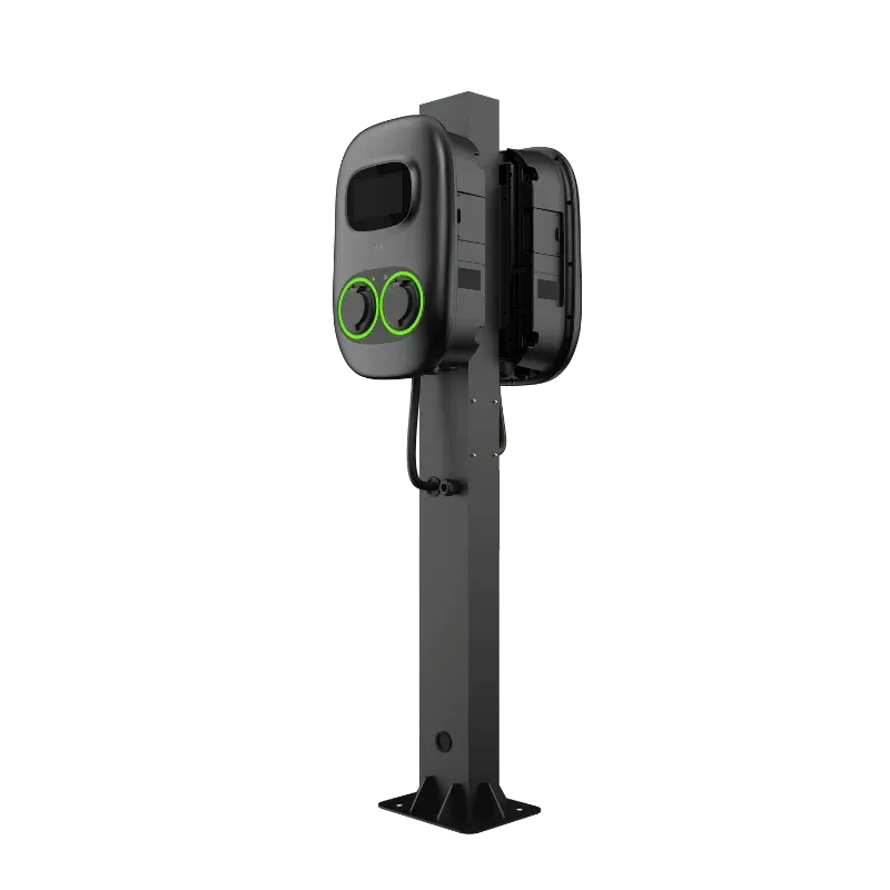 Entogo Nano Duo Pro 2×22 kW pedestal-mount commercial AC EV charger with dual Type 2 cables and 7-inch touchscreen — view 2