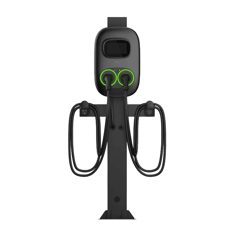 Entogo Nano Duo Pro 2×22 kW pedestal-mount commercial AC EV charger with dual Type 2 cables and 7-inch touchscreen