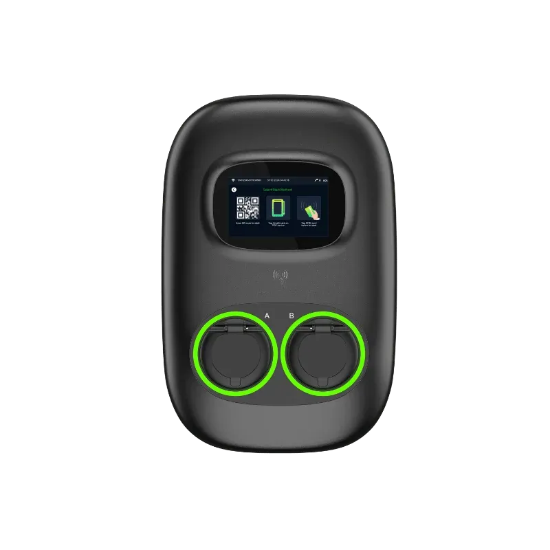 Entogo Nano Duo Pro 2×22 kW pedestal-mount commercial AC EV charger with dual Type 2 cables and 7-inch touchscreen — view 3