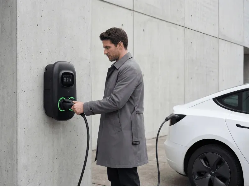 Borne de recharge CA commerciale sur socle Entogo Nano Duo Pro 2×22 kW avec deux câbles Type 2 et écran tactile de 7 pouces — view 6