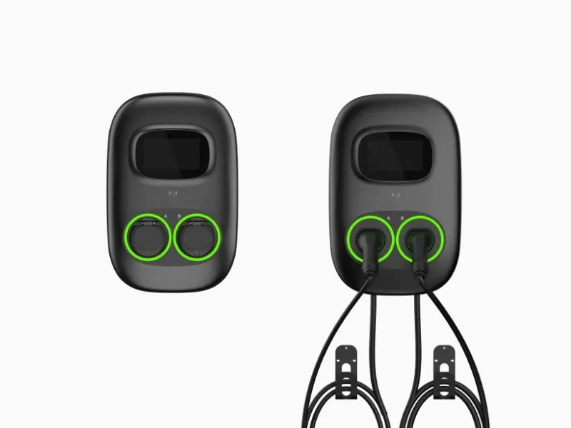 Borne de recharge CA commerciale sur socle Entogo Nano Duo Pro 2×22 kW avec deux câbles Type 2 et écran tactile de 7 pouces — view 8