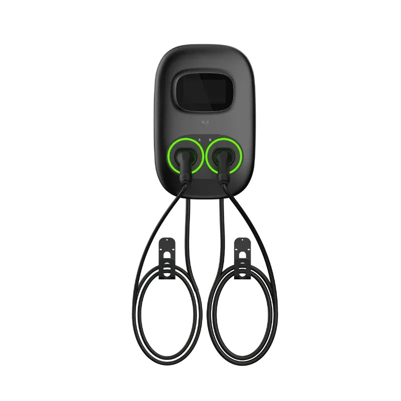 Borne de recharge CA commerciale sur socle Entogo Nano Duo Pro 2×22 kW avec deux câbles Type 2 et écran tactile de 7 pouces — view 24