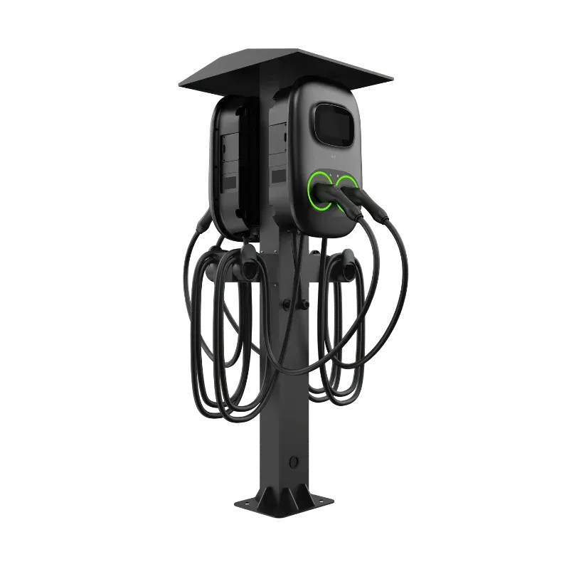 Borne de recharge CA commerciale sur socle Entogo Nano Duo Pro 2×22 kW avec deux câbles Type 2 et écran tactile de 7 pouces — view 25