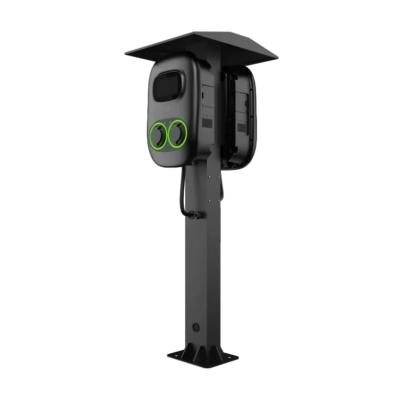 Borne de recharge CA commerciale sur socle Entogo Nano Duo Pro 2×22 kW avec deux câbles Type 2 et écran tactile de 7 pouces — view 27