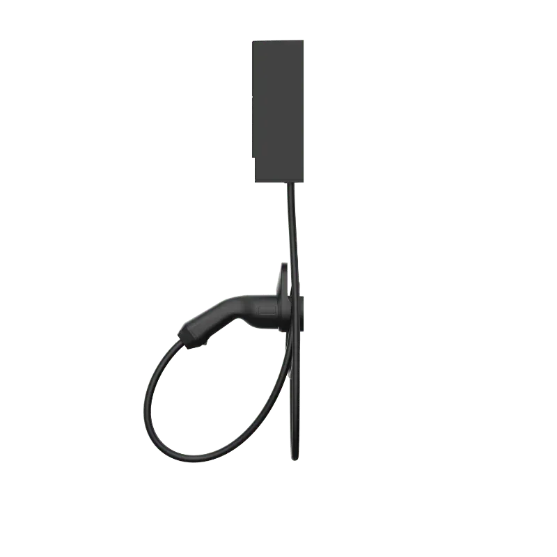 Entogo Argo Basic 11/22 kW AC home EV charger with tethered Type 2 cable in side profile — view 2