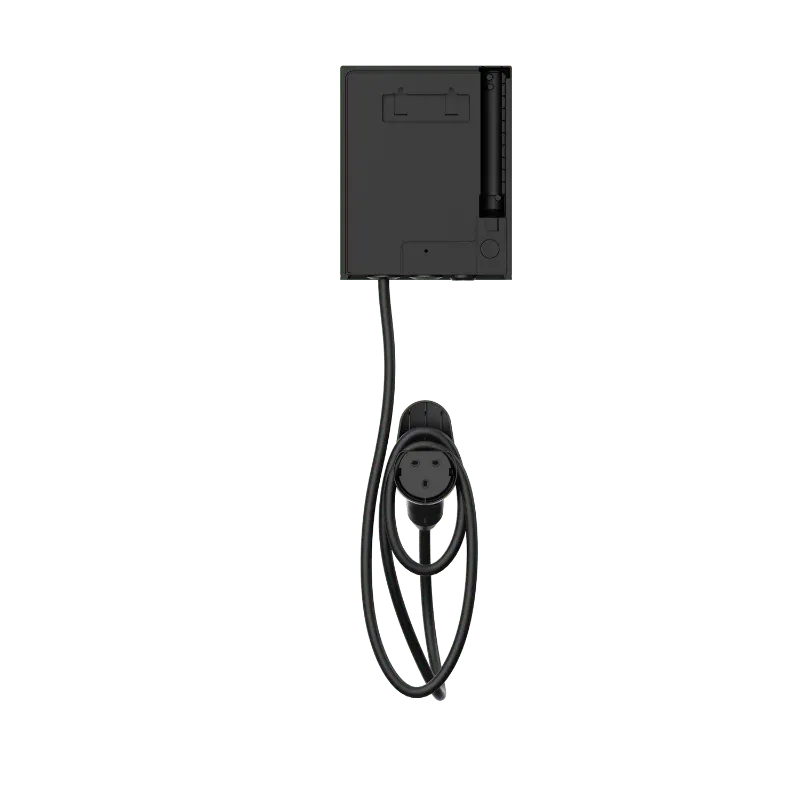Entogo Argo Basic 11/22 kW AC home EV charger with tethered Type 2 cable in side profile — view 3
