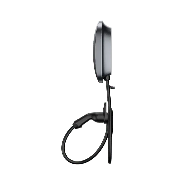 Entogo Caro Pro 22 kW three-phase AC home EV charger on white pedestal stand with tethered Type 2 cable — view 3
