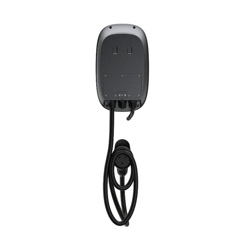 Entogo Caro Pro 22 kW three-phase AC home EV charger on white pedestal stand with tethered Type 2 cable — view 4
