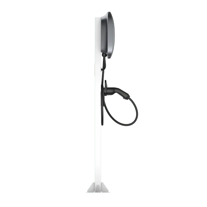 Entogo Caro Pro 22 kW three-phase AC home EV charger on white pedestal stand with tethered Type 2 cable — view 2