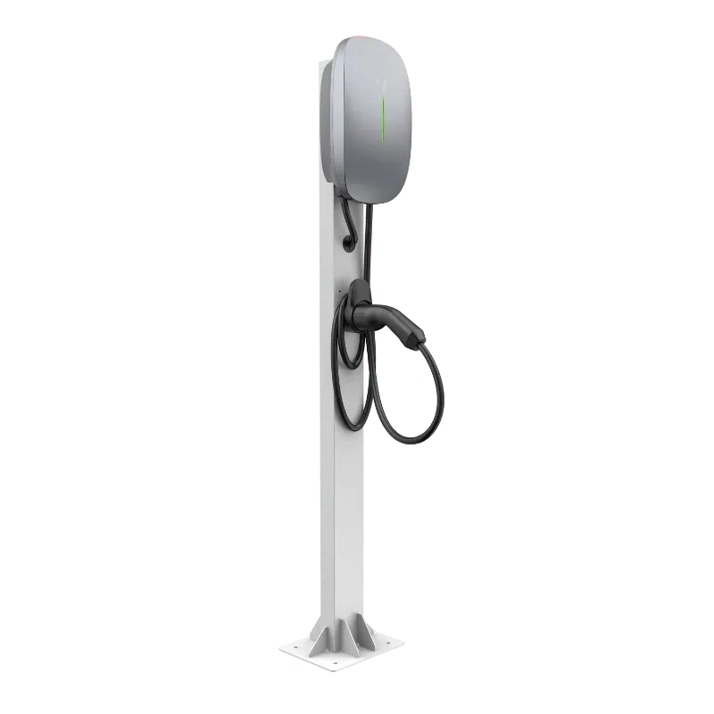Entogo Caro Pro 22 kW three-phase AC home EV charger on white pedestal stand with tethered Type 2 cable
