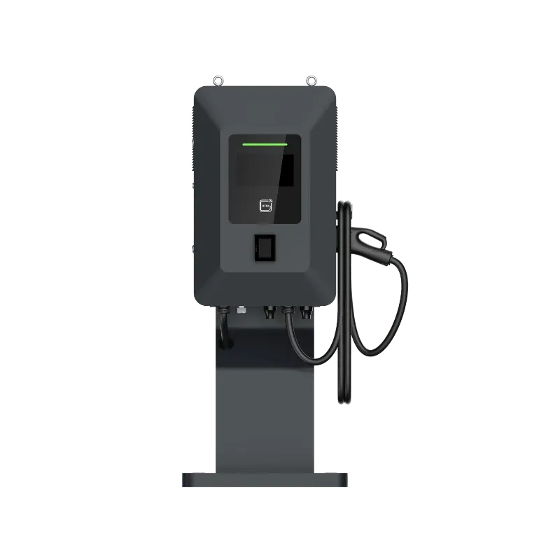 Borne de recharge rapide CC compacte Entogo MoBox 40 kW sur socle avec connecteur CCS2 et écran tactile de 10 pouces — view 10