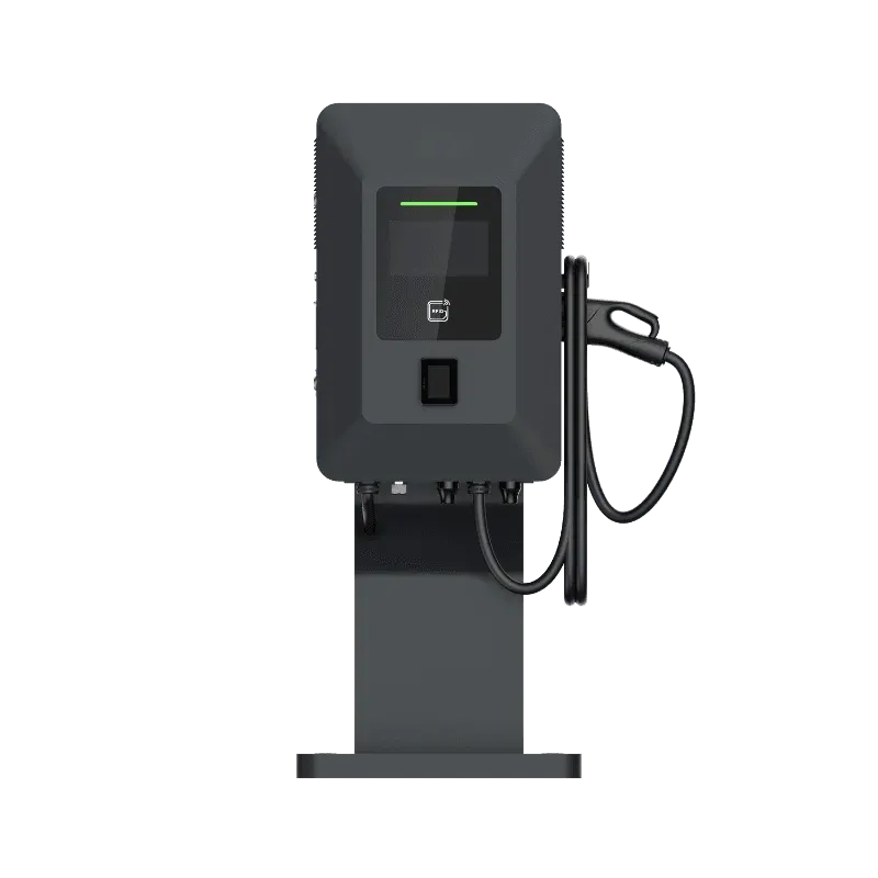Entogo Mobox compact 40 kW DC fast EV charger on pedestal mount with CCS2 connector and 10-inch touchscreen