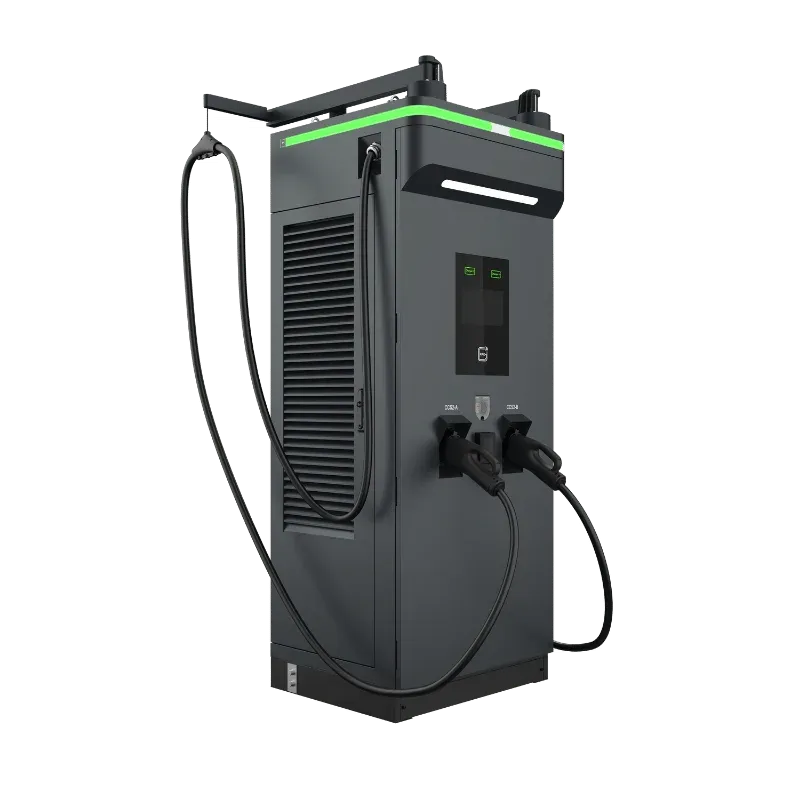 Entogo Turbo 60/120 kW floor-standing DC fast EV charger with dual CCS2 connectors and overhead cable gantry