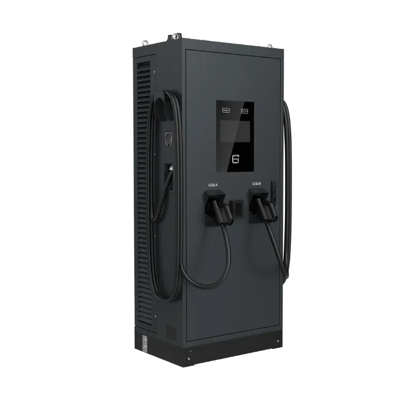 Borne de recharge rapide CC sur pied Entogo Turbo 60/120 kW avec double connecteur CCS2 et portique de câbles en hauteur — view 9