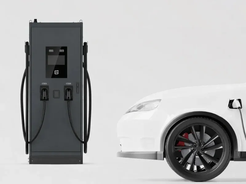 Borne de recharge rapide CC sur pied Entogo Turbo 60/120 kW avec double connecteur CCS2 et portique de câbles en hauteur — view 10