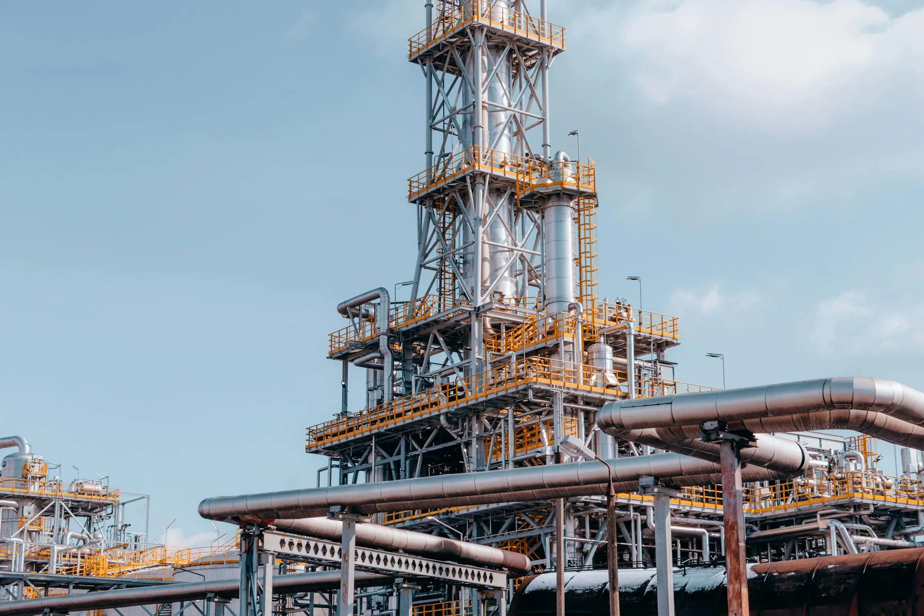 Large industrial refinery plant with steel piping and processing towers — Entogo turnkey power-equipment supply for industrial and EPC projects